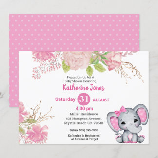 Cute Elephant Pink Floral Baby Shower Invitation