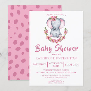 Cute Elephant Pink Floral Baby Shower Invitation