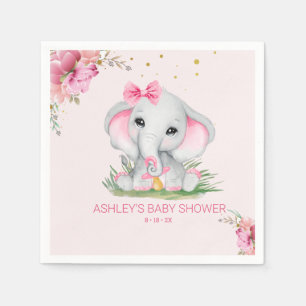 Cute Elephant Pink Floral Baby Shower Napkin