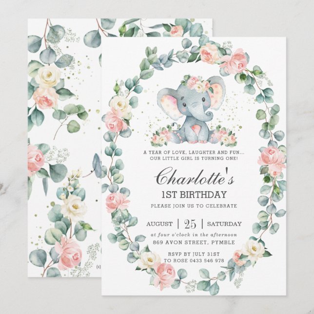 Cute Elephant Pink Floral Greenery 1st Birthday Invitation (Front/Back)