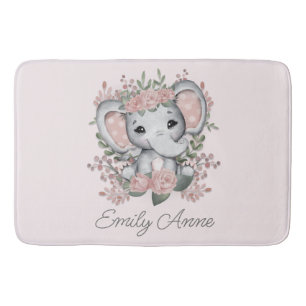 Cute Elephant Pink Floral Greenery Child's Name Bath Mat