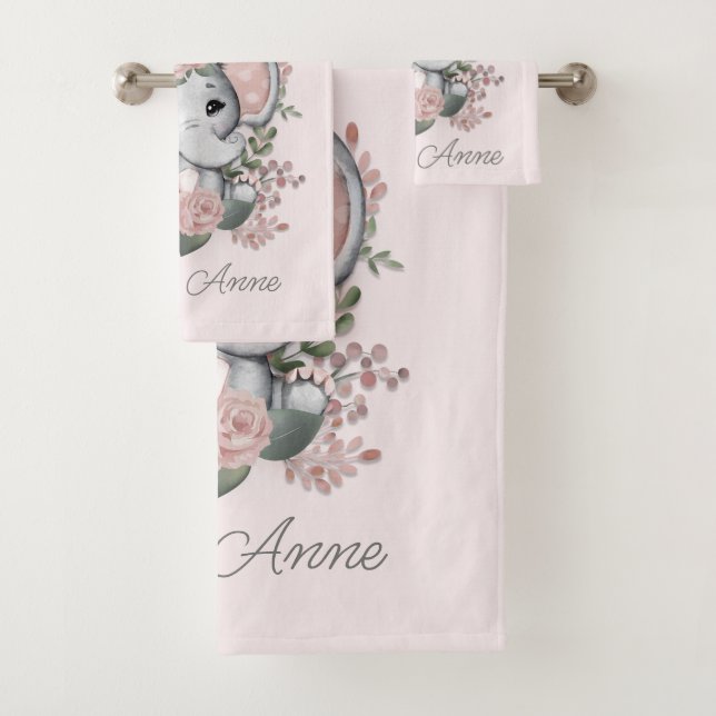 Cute Elephant Pink Floral Greenery Child's Name   Bath Towel Set (Insitu)