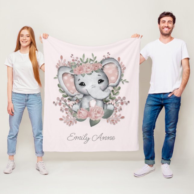 Cute Elephant Pink Floral Greenery Child's Name Fleece Blanket (In Situ)