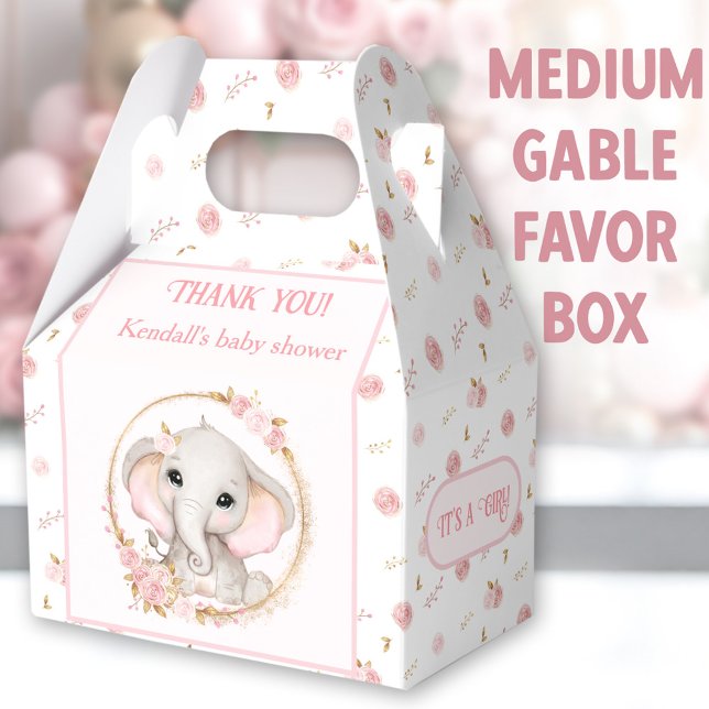 Cute Elephant Pink Flowers Baby Shower Medium Favor Box (Cute Elephant Medium Gable Favor Boxes - You can choose from 3 sizes of these gable favor boxes)