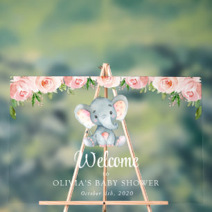 Cute Elephant, Pink Flowers, Baby Shower Welcome Acrylic Sign
