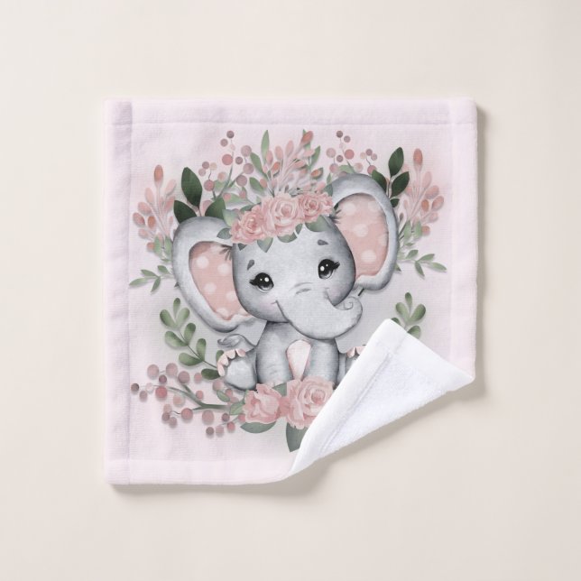 Cute Elephant Pink Flowers Greenery Bath Wash Cloth (Wash Cloth)
