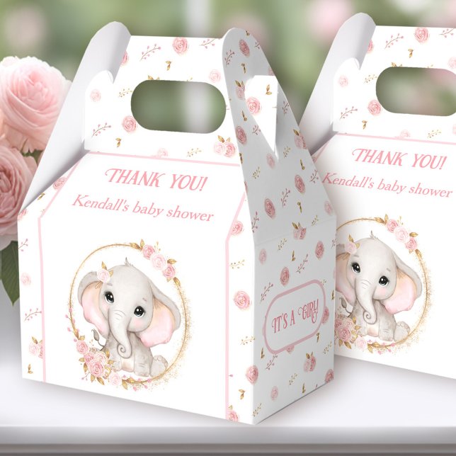 Cute Elephant Pink Flowers White Baby Shower Favor Box (You can choose from 3 sizes of these gable favor boxes simply by clicking on the STYLE dropbox.)