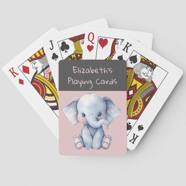 Cute elephant pink grey kids playing cards (Back)
