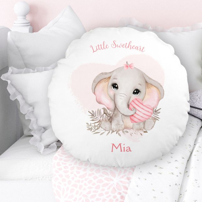 Cute Elephant Pink Heart Girl Nursery Name  Round Pillow (Cute Elephant Pink Heart Girl Nursery Name Round Pillow)