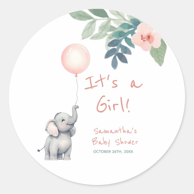 Cute Elephant Pink It's a Girl Baby Shower  Classic Round Sticker (Front)