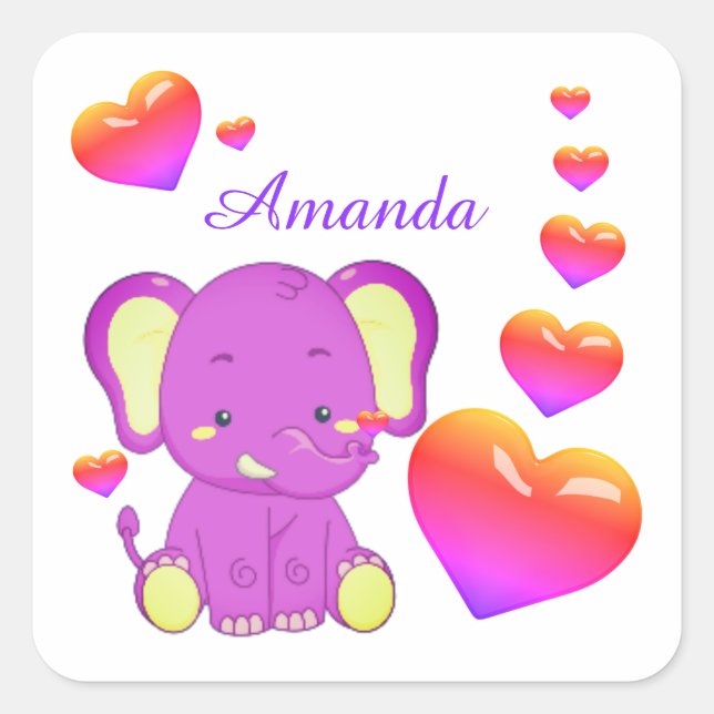 Cute  Elephant Pink Purple Hearts Girl   Square St Sticker (Front)