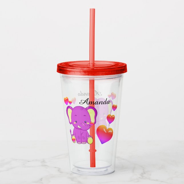 Cute  Elephant Pink Purple Hearts Girls Acrylic Tumbler (Front)