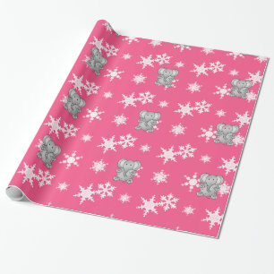 Cute elephant pink snowflakes wrapping paper
