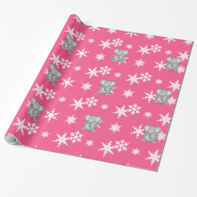 Cute elephant pink snowflakes wrapping paper (Unrolled)
