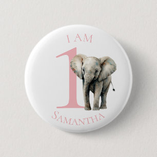 Cute Elephant Pink watercolor BIRTHDAY Button
