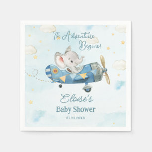 Cute Elephant Plane Adventure Begins Baby Shower Napkin