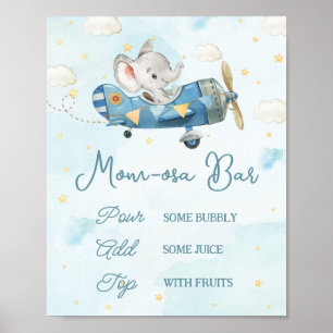 Cute Elephant Plane Adventure Blue Momosa Bar Poster