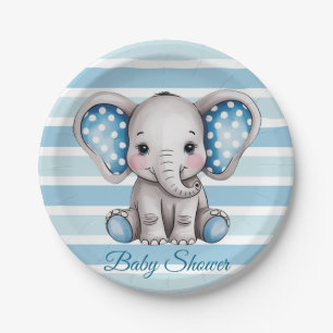 Cute Elephant Polka Dots Boy Baby Shower Paper Plate