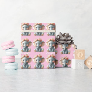 Cute Elephant Pretty Flower Baby Shower Wrapping Paper
