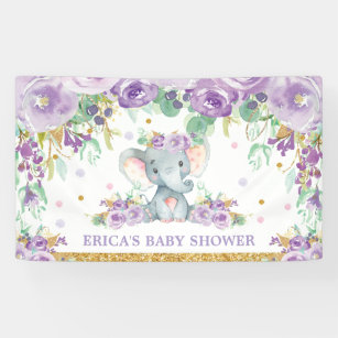 Cute Elephant Purple Floral Baby Shower Backdrop Banner