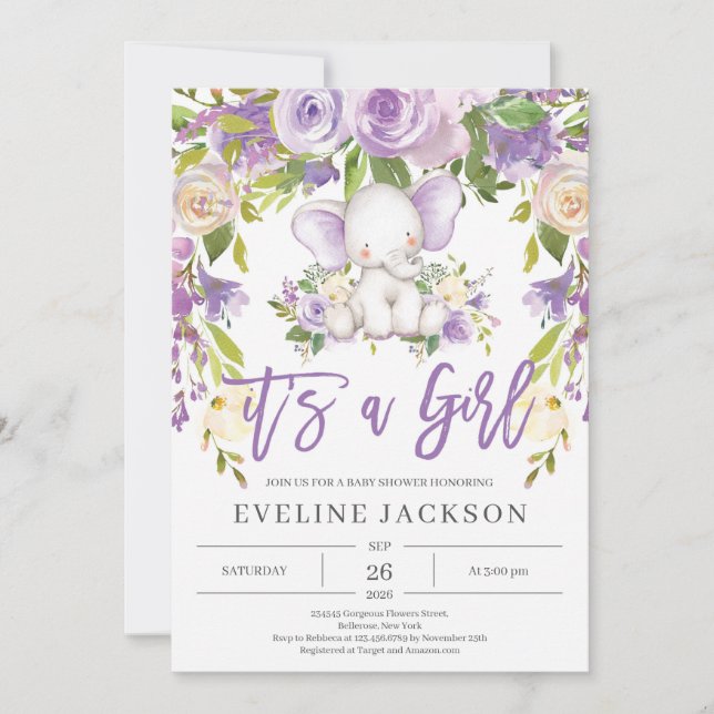Cute elephant purple floral rustic baby shower invitation (Front)
