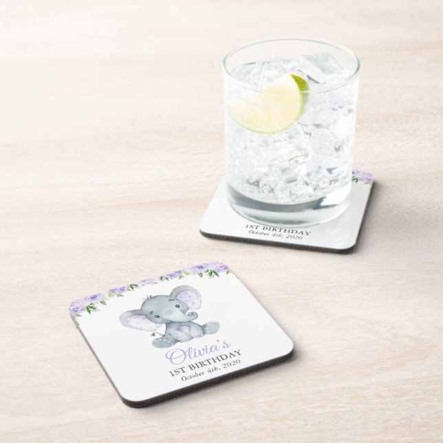 Cute Elephant, Purple Flowers, First Birthday Coaster (Right Side)