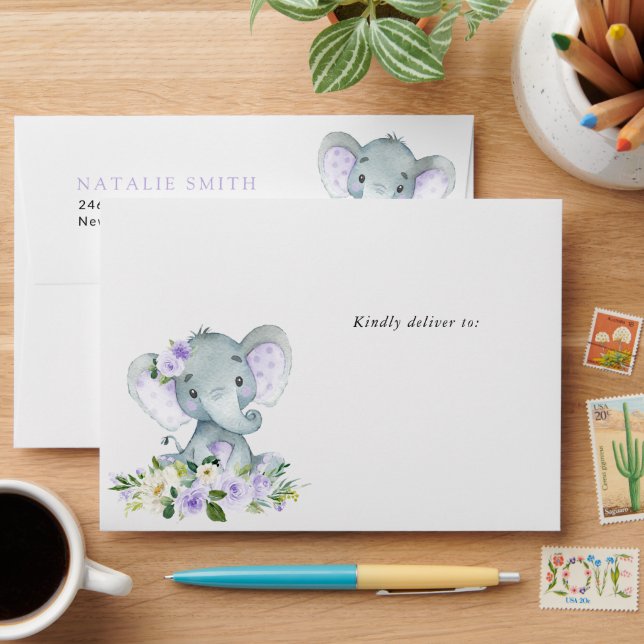 Cute Elephant, Purple Flowers, First Birthday Envelope (Desk)