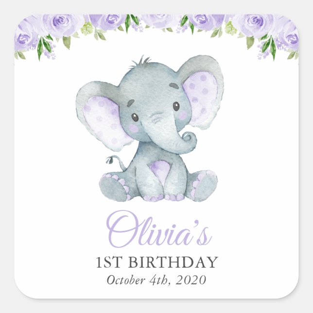 Cute Elephant, Purple Flowers, First Birthday Square Sticker (Front)