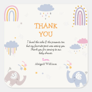Cute Elephant Rainbow Girls Baby Shower Thank You  Square Sticker