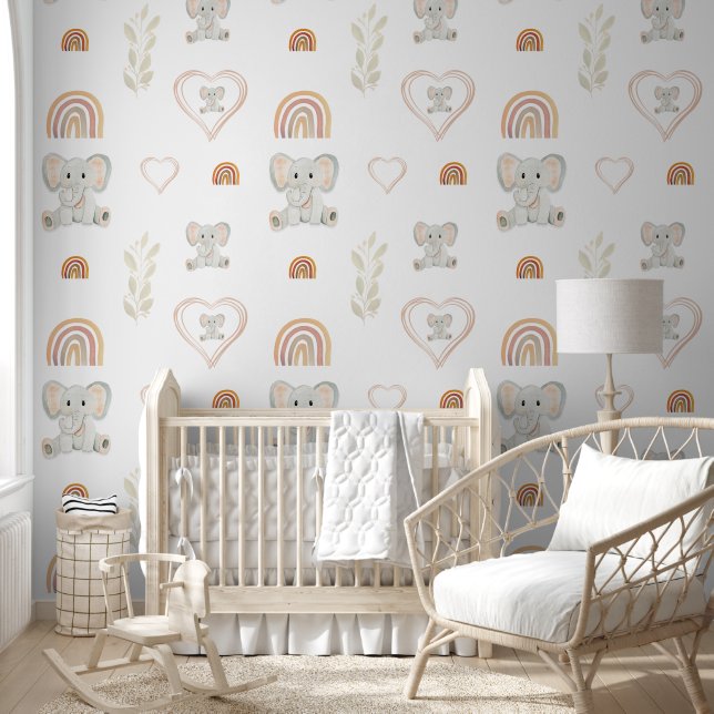 Cute Elephant Rainbow Hearts Watercolor Art Wallpaper (Kids)