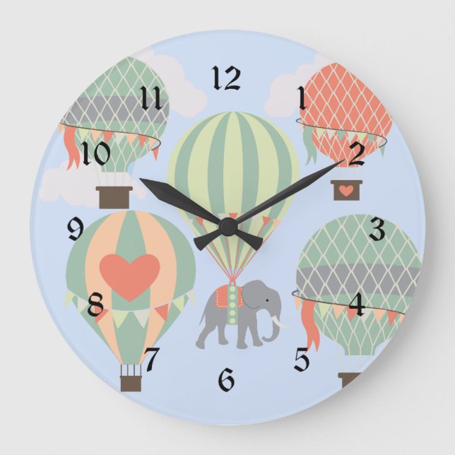 Cute Elephant Riding Hot Air Balloons Rising Large Clock (Front)