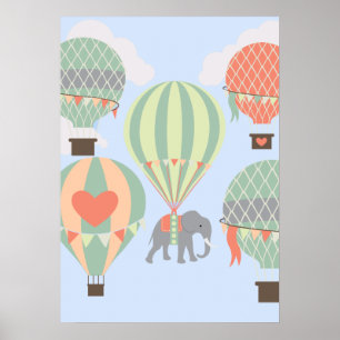 Cute Elephant Riding Hot Air Balloons Rising Poster