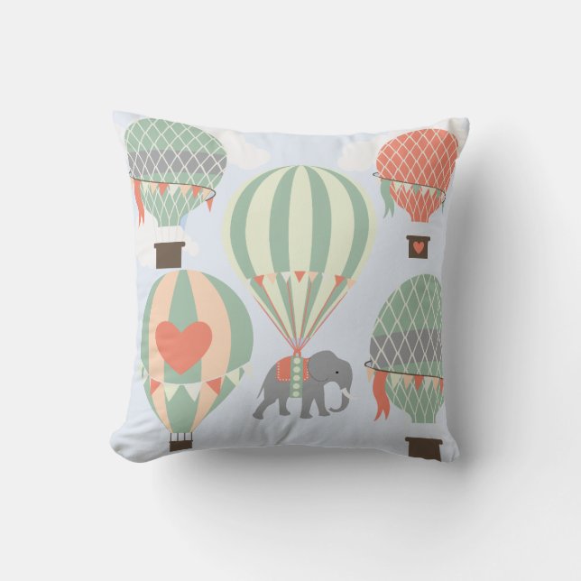 Cute Elephant Riding Hot Air Balloons Rising Throw Pillow (Front)