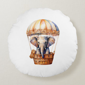 Cute Elephant Riding in a Hot Air Balloon Round Pillow