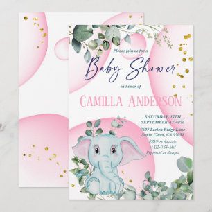 Cute Elephant Safari Jungle Wild Pink Bubbles Invitation
