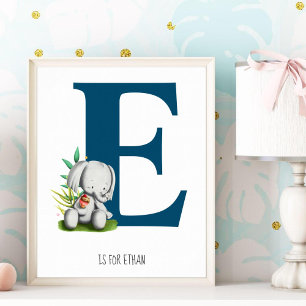 Cute Elephant Safari Monogram Nursery Room Poster