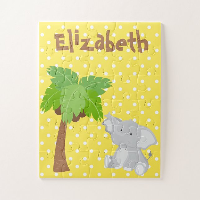 Cute Elephant Safari Yellow and White Polka Dot Jigsaw Puzzle (Vertical)