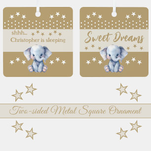 Cute elephant shhh add name is sleeping brown metal ornament