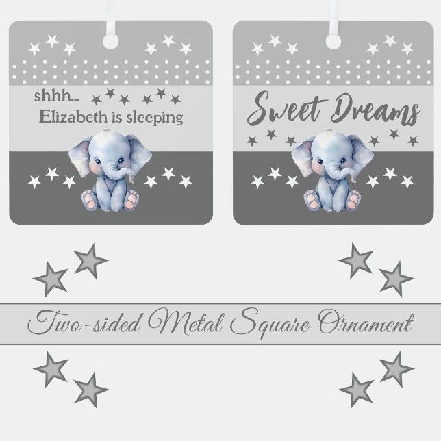 Cute elephant shhh add name is sleeping grey metal ornament (Creator Uploaded)