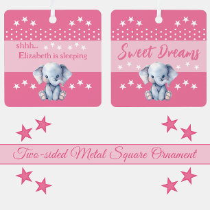 Cute elephant shhh add name is sleeping pink metal ornament