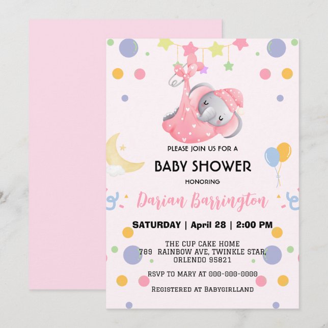 Cute elephant star balloon baby shower party kids invitation (Front/Back)