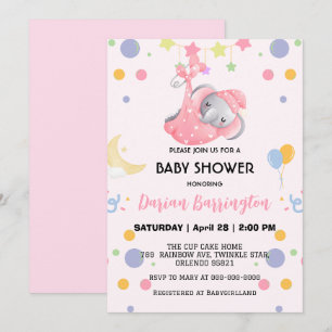 Cute elephant star balloon baby shower party kids invitation