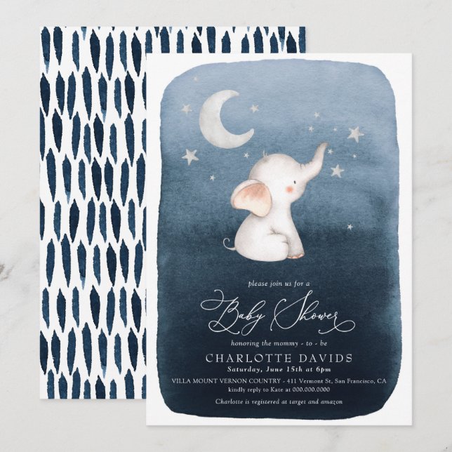Cute Elephant Stars & Moon Navy Boy Baby Shower Invitation (Front/Back)