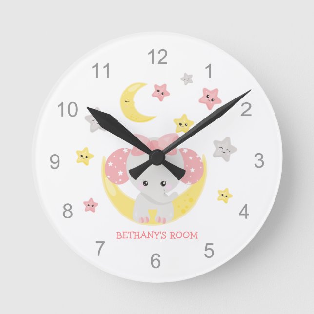 Cute Elephant Stars Name Baby Girl Nursery Round Clock (Front)