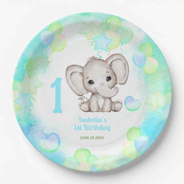 Cute Elephant Summer Colourful Boy 1stBirthday Paper Plate (Front)