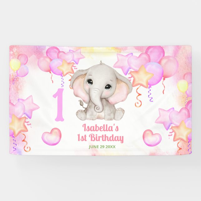 Cute Elephant Summer Colourful Girl 1stBirthday Banner (Horizontal)