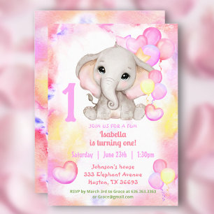Cute Elephant Summer Colourful Girl 1stBirthday Invitation
