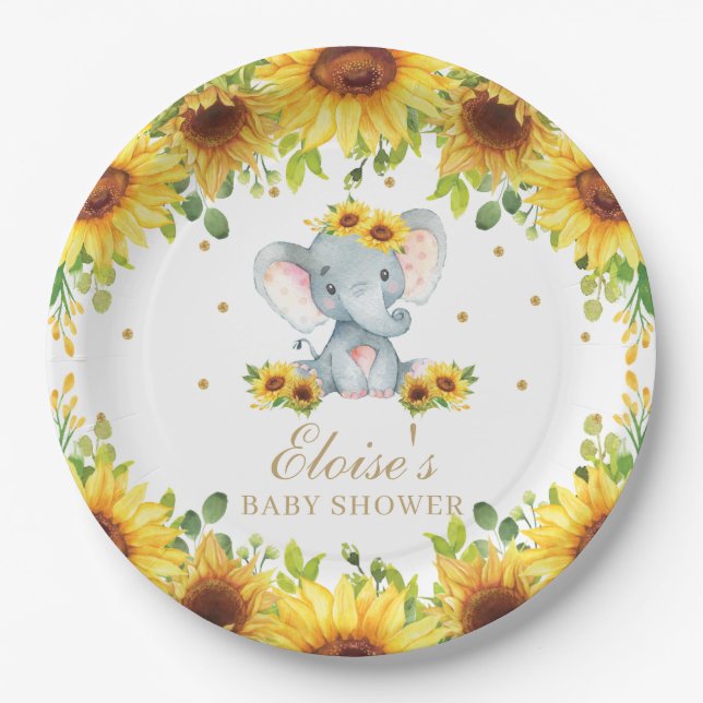 Cute Elephant Sunflower Baby Shower Birthday Party Paper Plate (Front)