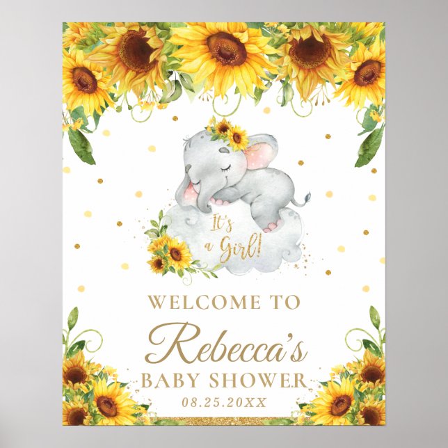 Cute Elephant Sunflower Baby Shower Welcome Sign (Front)
