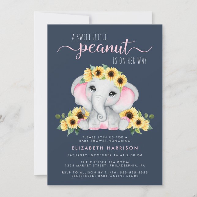Cute Elephant Sunflowers Blue Baby Girl Shower Invitation (Front)